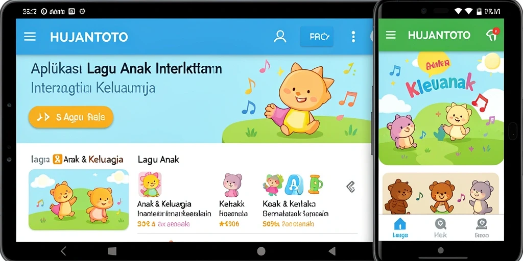 Antarmuka aplikasi HUJANTOTO dengan lagu anak yang ceria.
