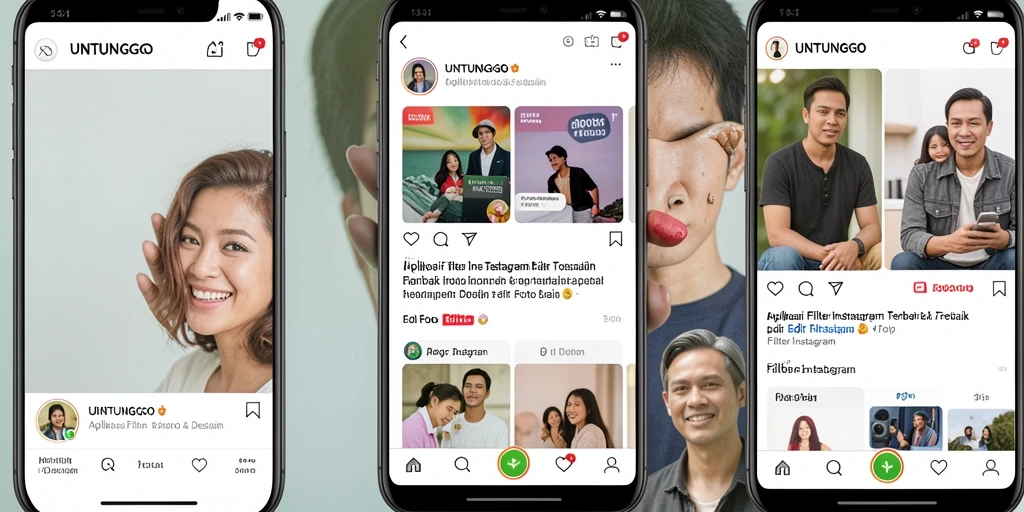 Screenshot antarmuka aplikasi Filter Instagram UNTUNGGO yang menampilkan fitur editing.